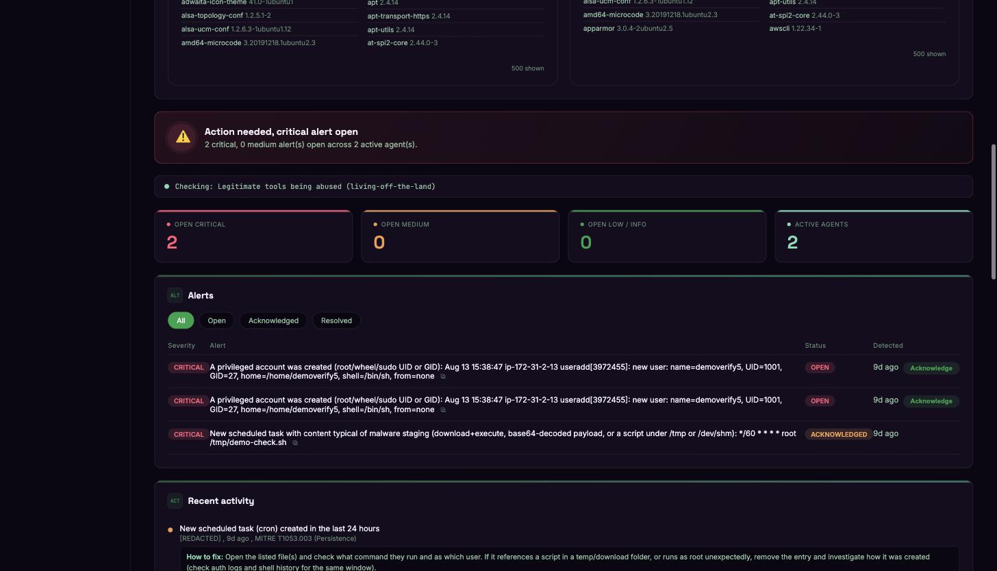 Solvbeat SOC alert queue showing two open critical alerts, triaged and ready for a human to act on